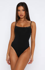 Clocked In Lace Trim Bodysuit  Black