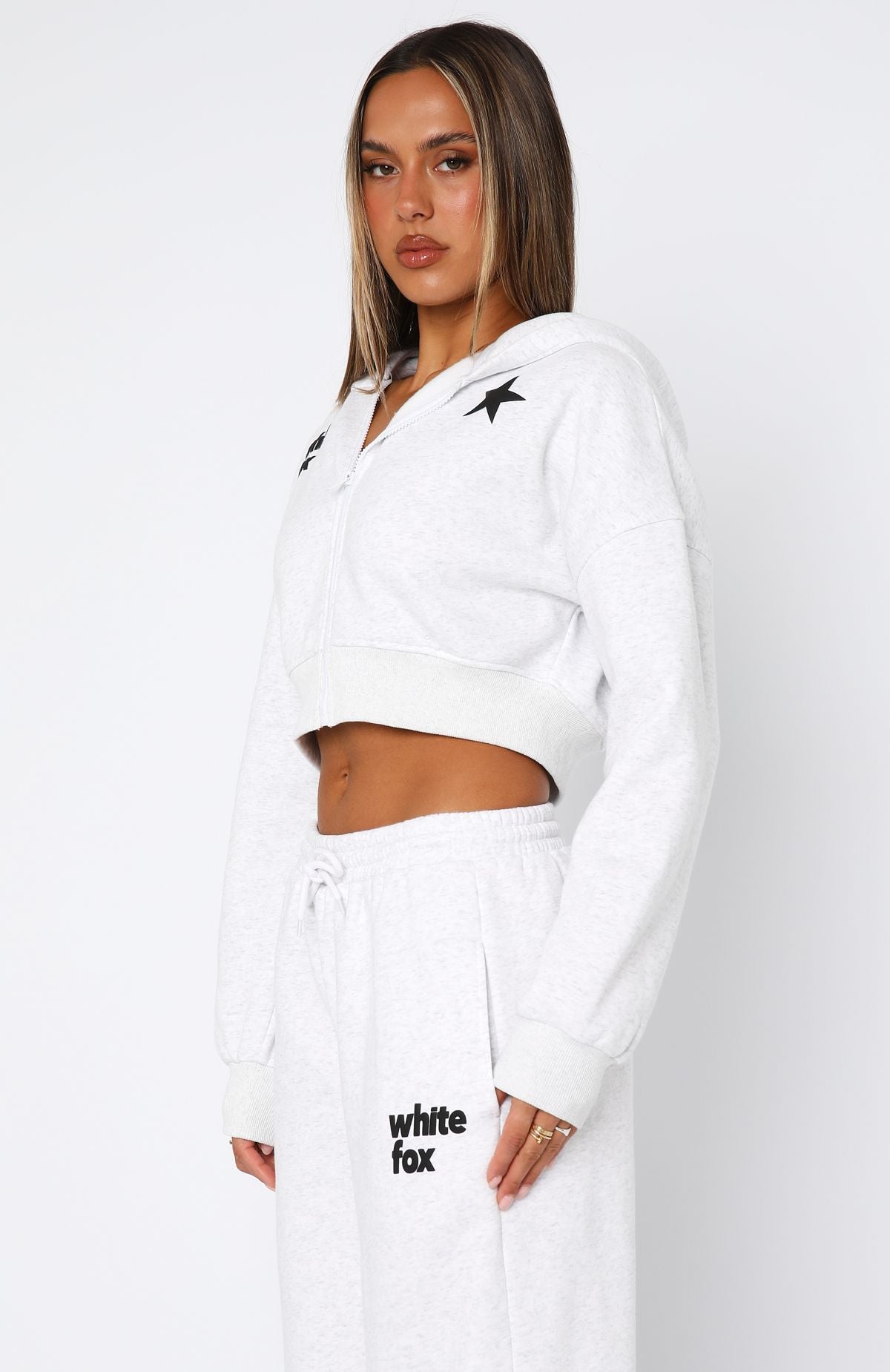 From The Archives Charli Cropped Zip Front Hoodie Grey Marle