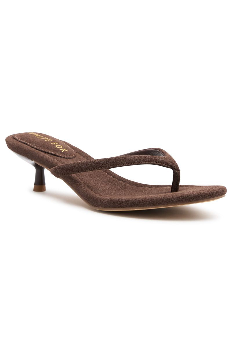 Orion Thong Kitten Mules Chocolate Faux Suede